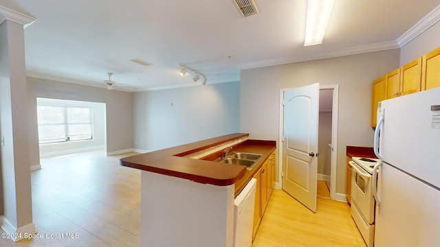 kitchen featuring kitchen peninsula, ornamental molding, light hardwood / wood-style floors, sink, and white appliances