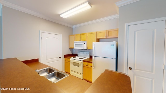 kitchen featuring decorative backsplash, sink, crown molding, light brown cabinetry, and white appliances