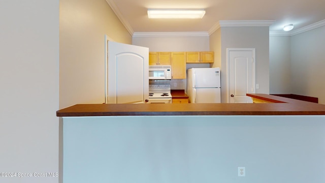 6461 Borasco Dr Unit 2805, Melbourne, FL 32940 - kitchen featuring white appliances, ornamental molding, backsplash, and light brown cabinets