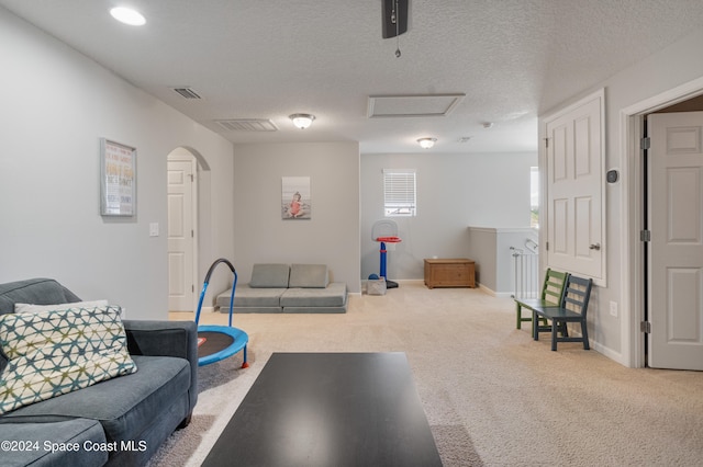 carpeted living room with a textured ceiling