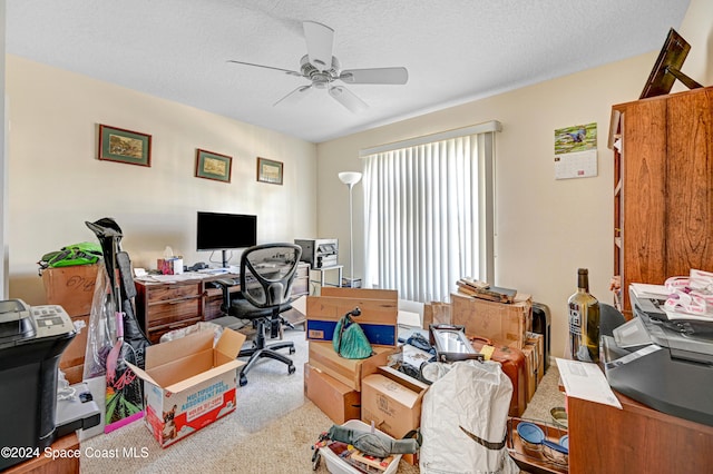 carpeted office space featuring ceiling fan and a textured ceiling