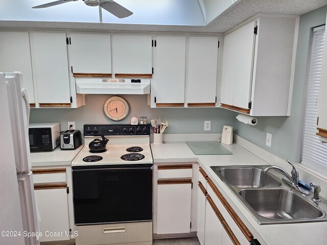 981 Sonesta Ave NE Unit 203, Palm Bay, FL 32905 - kitchen featuring electric range, ceiling fan, a sink, freestanding refrigerator, and under cabinet range hood
