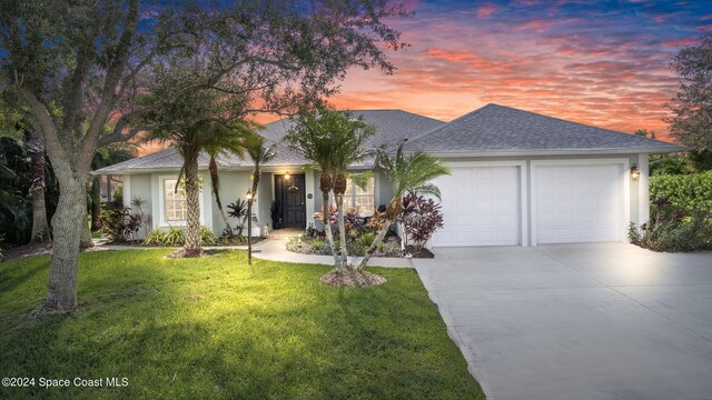 ranch-style house with a yard and a garage