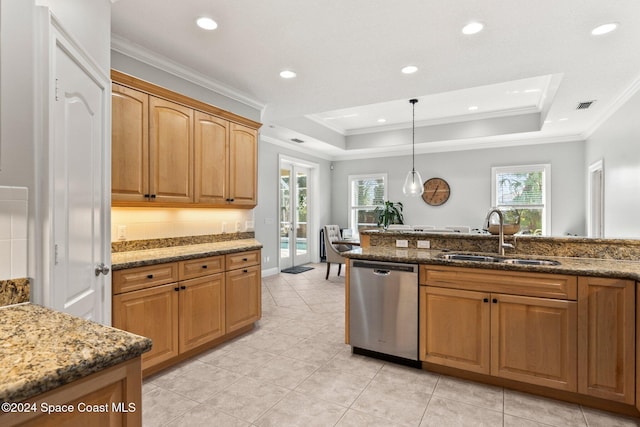 kitchen featuring stainless steel dishwasher, dark stone counters, a wealth of natural light, french doors, and sink