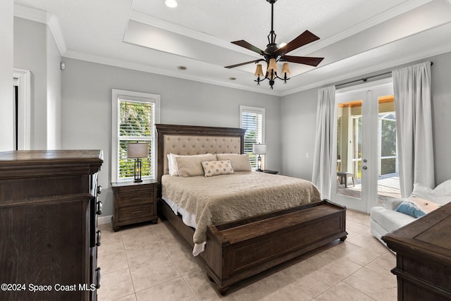 bedroom with french doors, access to exterior, ornamental molding, light tile patterned flooring, and ceiling fan