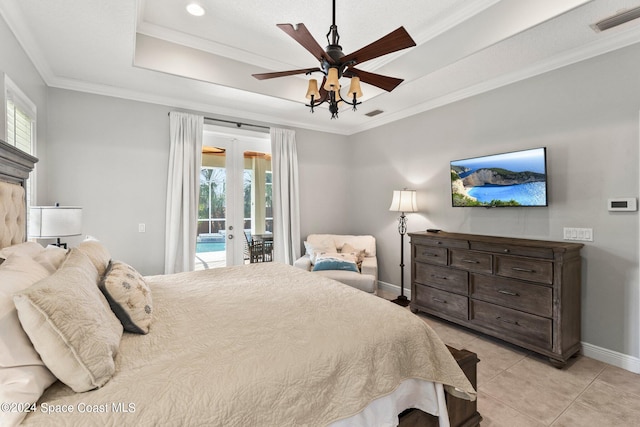 bedroom with access to outside, french doors, ceiling fan, ornamental molding, and light tile patterned floors