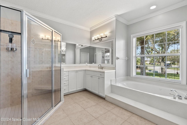 bathroom with plus walk in shower, a textured ceiling, vanity, ornamental molding, and tile patterned flooring