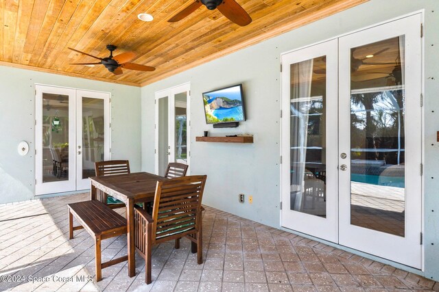 sunroom / solarium with french doors, wooden ceiling, and ceiling fan