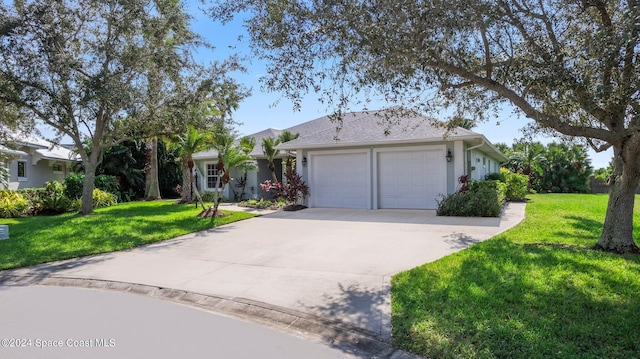 single story home with a front lawn and a garage