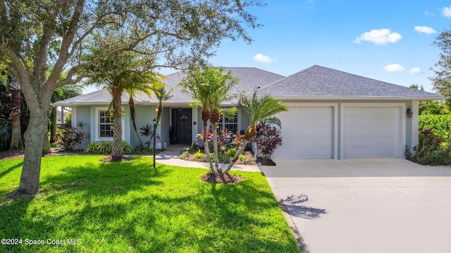 ranch-style home with a front yard and a garage