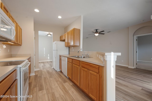 kitchen with sink, light hardwood / wood-style floors, white appliances, and ceiling fan