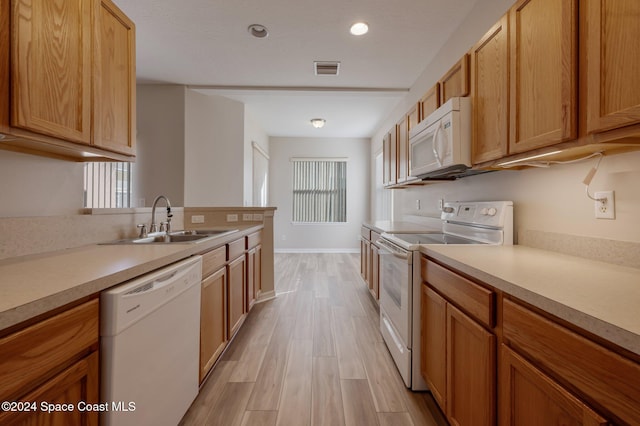 kitchen with sink, light wood-type flooring, white appliances, and plenty of natural light