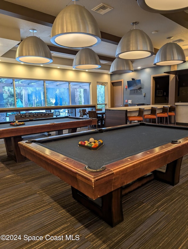 recreation room with billiards and carpet flooring