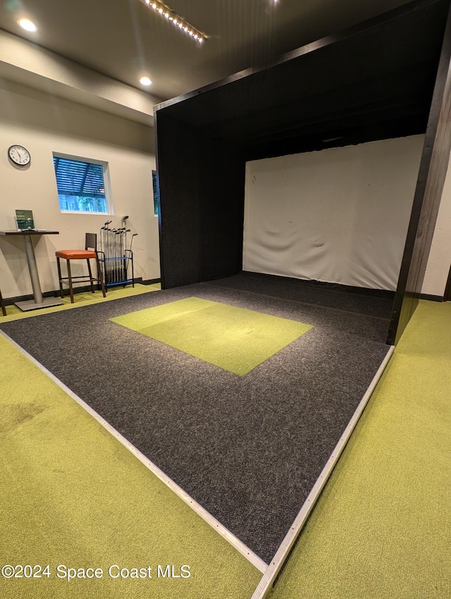 recreation room featuring carpet flooring and golf simulator