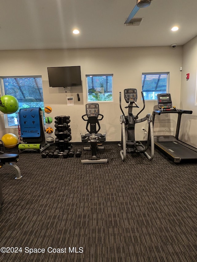 exercise room featuring carpet