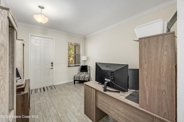 office area featuring light hardwood / wood-style floors and ornamental molding