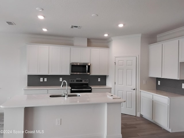 kitchen with sink, white cabinets, stainless steel appliances, and a center island with sink