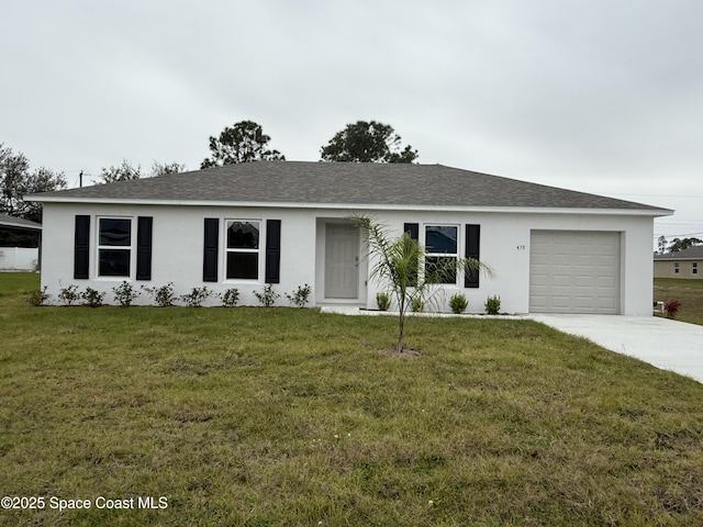 single story home with a garage and a front lawn