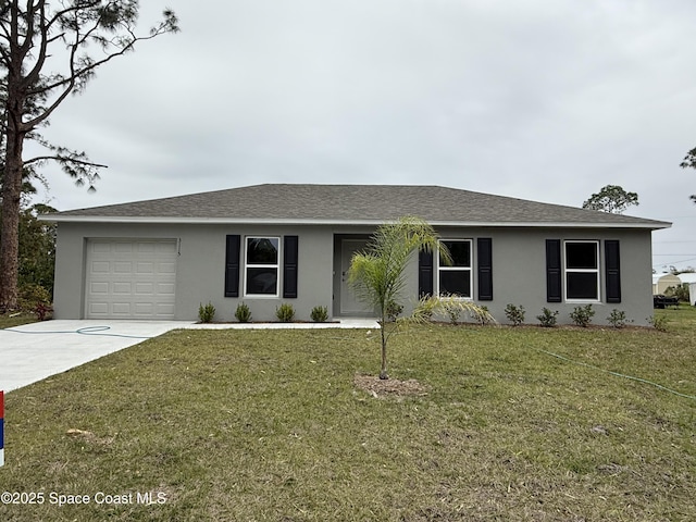 ranch-style house with a garage and a front lawn