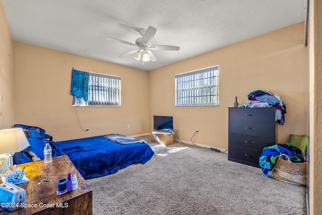 carpeted bedroom with multiple windows, ceiling fan, and a textured ceiling