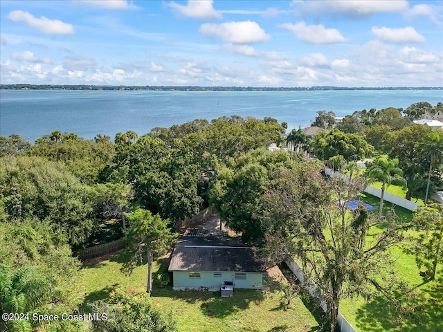 bird's eye view with a water view