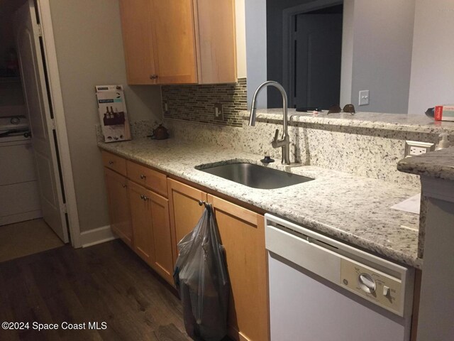 6470 Borasco Dr Unit 1108, Melbourne, FL 32940 - kitchen with dishwashing machine, dark wood-type flooring, backsplash, and light stone countertops