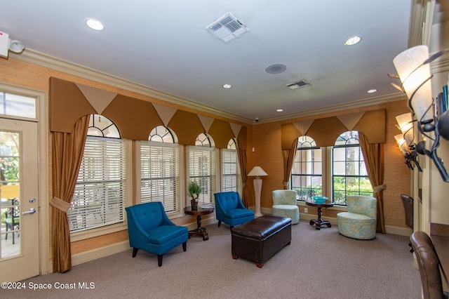 living area featuring carpet floors and ornamental molding