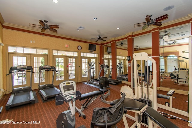 workout area with french doors and ornamental molding