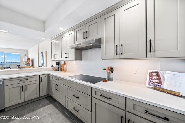 kitchen featuring black electric stovetop, dishwasher, gray cabinetry, and light tile patterned floors