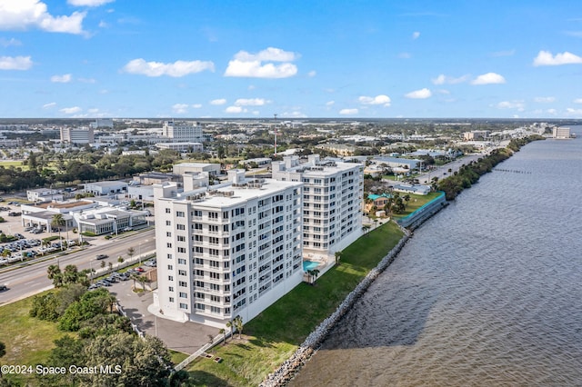 birds eye view of property featuring a water view