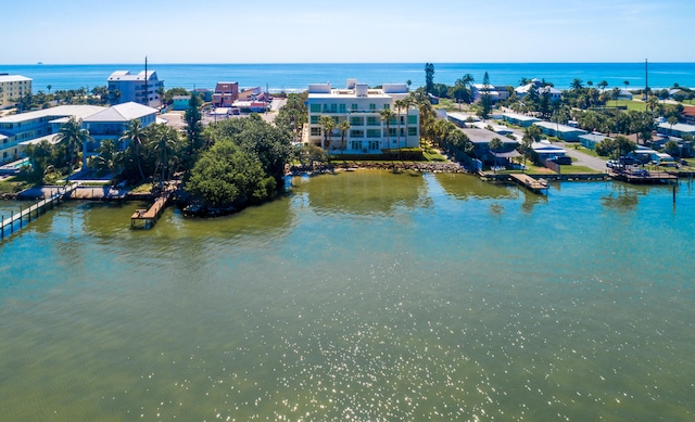 bird's eye view with a water view