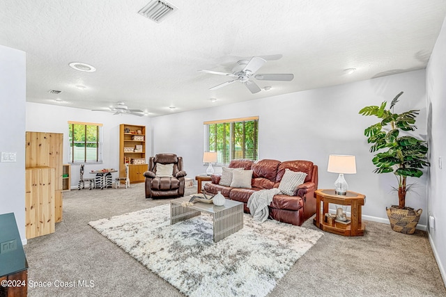 living room featuring carpet flooring, a textured ceiling, and plenty of natural light