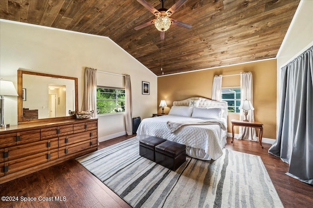 bedroom with ceiling fan, lofted ceiling, dark wood-type flooring, and wood ceiling