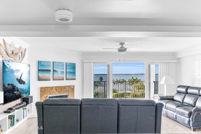 living room featuring ceiling fan, crown molding, a water view, light hardwood / wood-style flooring, and a fireplace