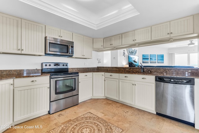 kitchen with a raised ceiling, crown molding, sink, ceiling fan, and appliances with stainless steel finishes