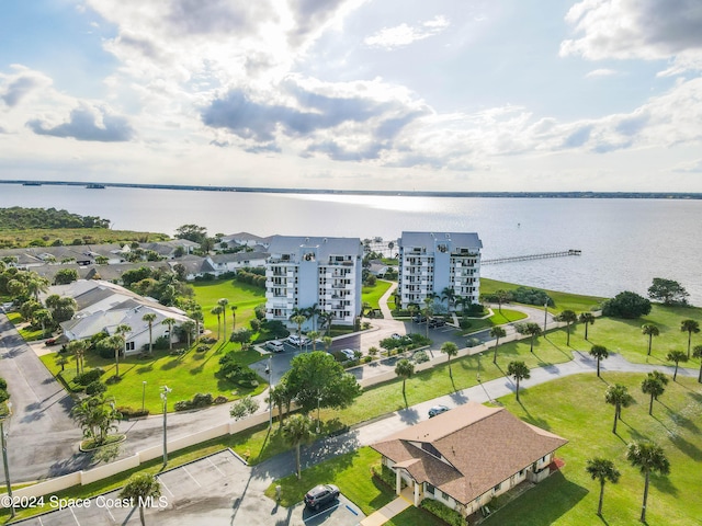 drone / aerial view featuring a water view