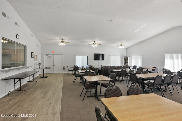 dining space with a textured ceiling, wood-type flooring, a healthy amount of sunlight, and ceiling fan