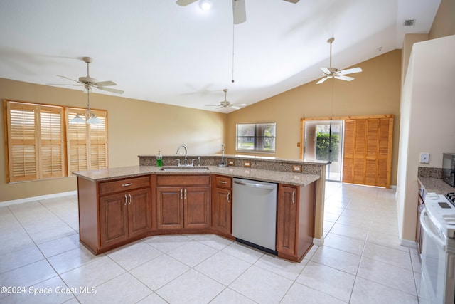 kitchen with dishwasher, an island with sink, white electric stove, and sink