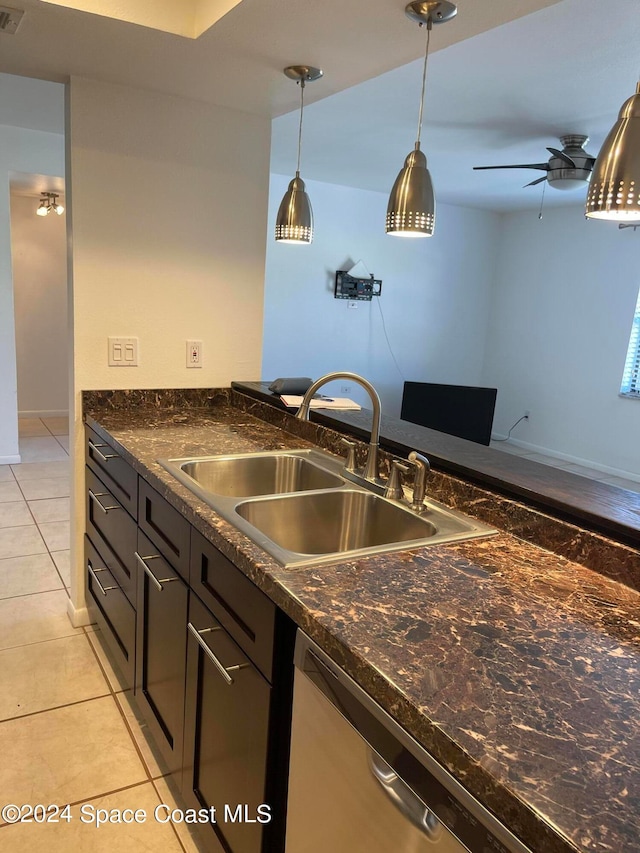 kitchen featuring ceiling fan, light tile patterned floors, dishwasher, pendant lighting, and sink