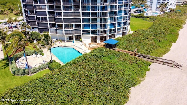 view of pool featuring a patio area and a lawn