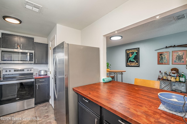 kitchen with butcher block countertops and appliances with stainless steel finishes