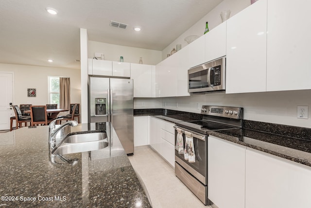 kitchen featuring sink, a textured ceiling, stainless steel appliances, dark stone counters, and white cabinets