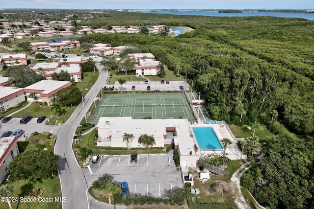 aerial view featuring a water view