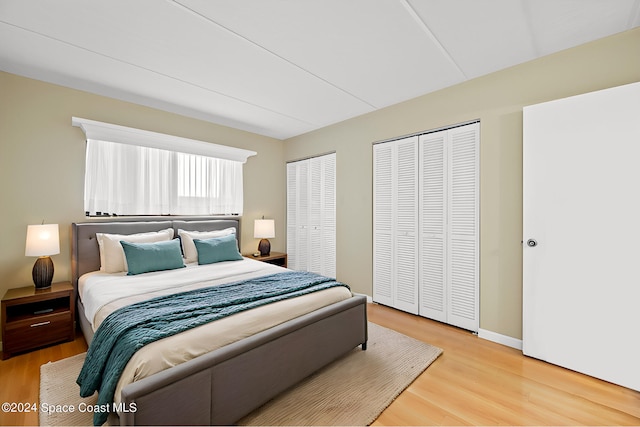 bedroom featuring wood-type flooring and multiple closets