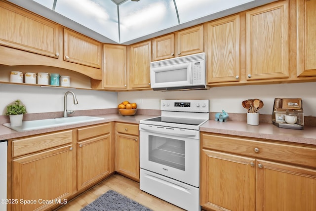 kitchen featuring white appliances, light hardwood / wood-style flooring, sink, and light brown cabinets