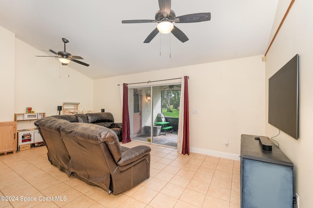 tiled living room with vaulted ceiling and ceiling fan