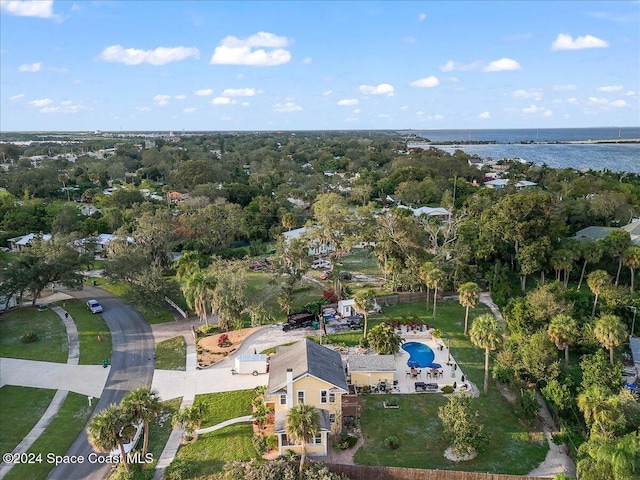 aerial view featuring a water view