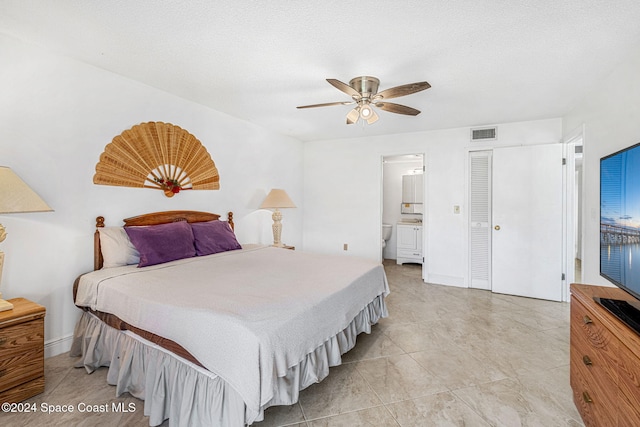 5807 N Atlantic Ave Unit 411, Cape Canaveral, FL 32920 - bedroom with a closet, ceiling fan, visible vents, and ensuite bath