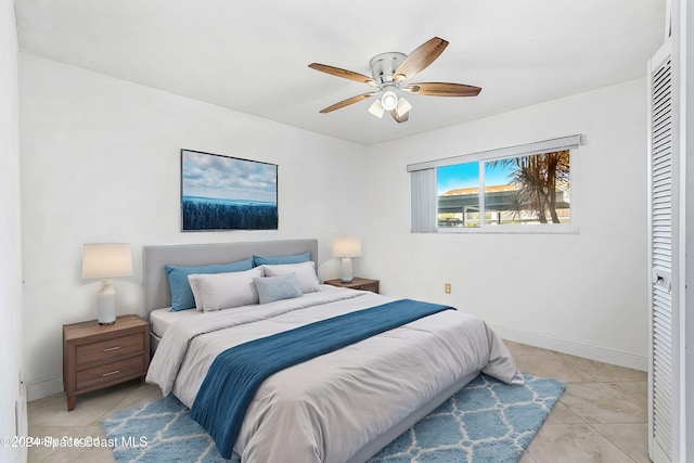 5807 N Atlantic Ave Unit 411, Cape Canaveral, FL 32920 - bedroom featuring baseboards, ceiling fan, and light tile patterned floors
