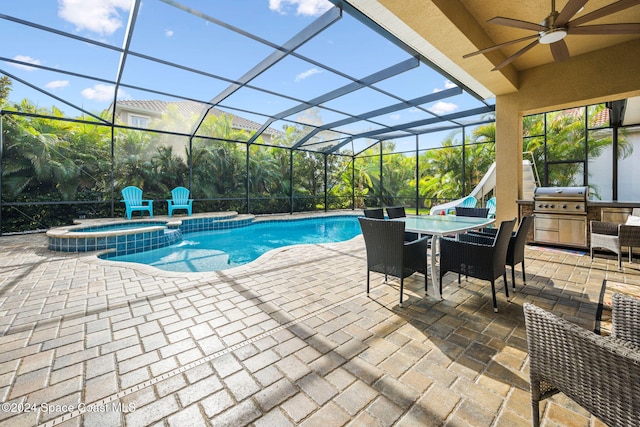 view of pool with ceiling fan, area for grilling, a lanai, a patio area, and an in ground hot tub